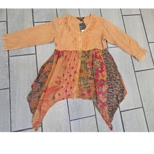 Young Threads Camel Orange Patchwork Embroidered Boho Tunic Top TP44390 M